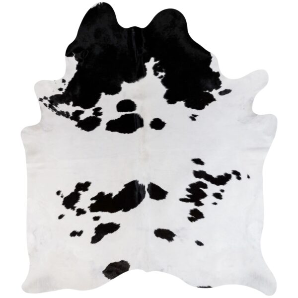 Splash-style black and white cowhide rug with natural asymmetrical design
