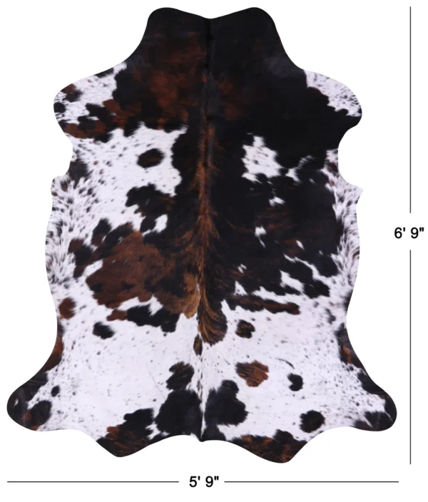 Premium cowhide rug showing dimensions 6'9" by 5'9"