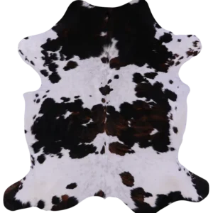 Rustic tricolor cowhide rug with black, white, and brown pattern – top view