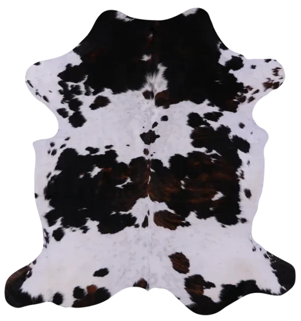 Rustic tricolor cowhide rug with black, white, and brown pattern – top view
