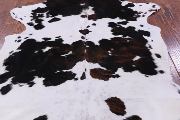 Close-up of rustic tricolor cowhide rug showing hair-on hide details
