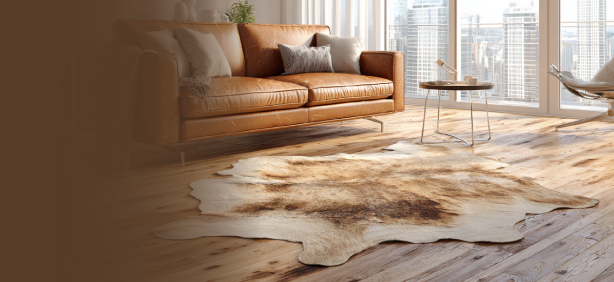 Light tan and white cowhide rug in modern high-rise apartment with brown leather sofa